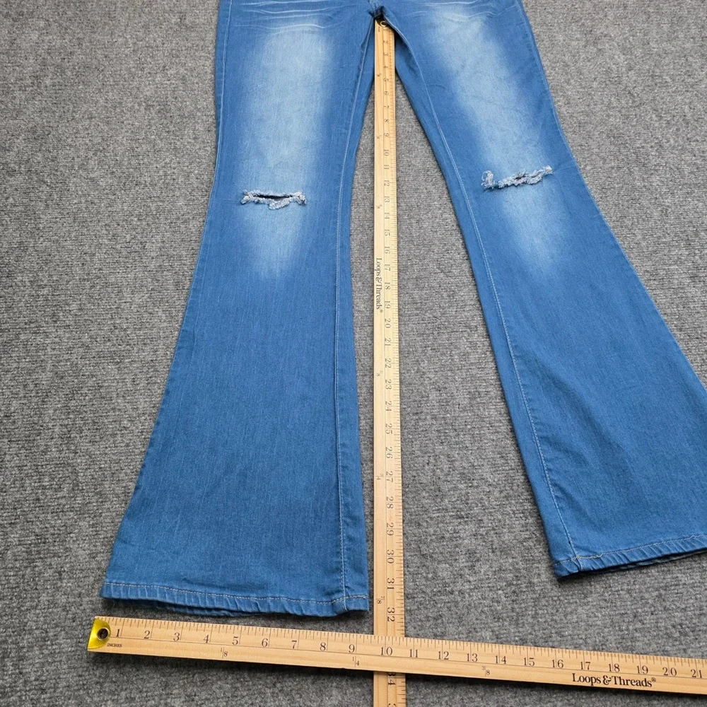VIP Jeans Womens 13/31 Distressed Flare Bell Bottom Blue Denim Stretch Mid‎ Rise